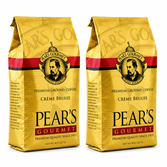 Two packages of Pear's Gourmet Premium Ground Coffee Crème Brèlle on a white background