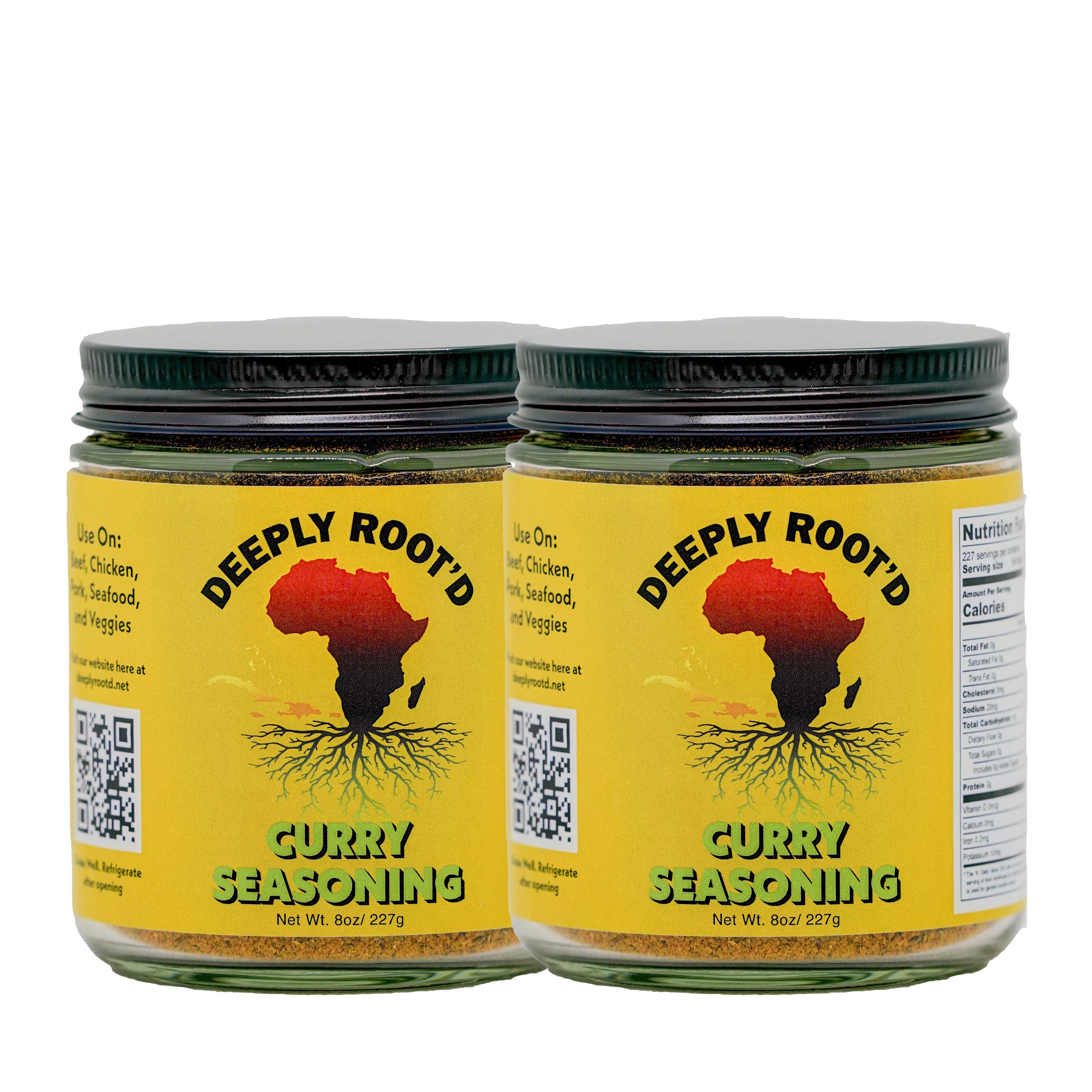 Two jars of 'Deeply Root'd' Curry Seasoning on a white background