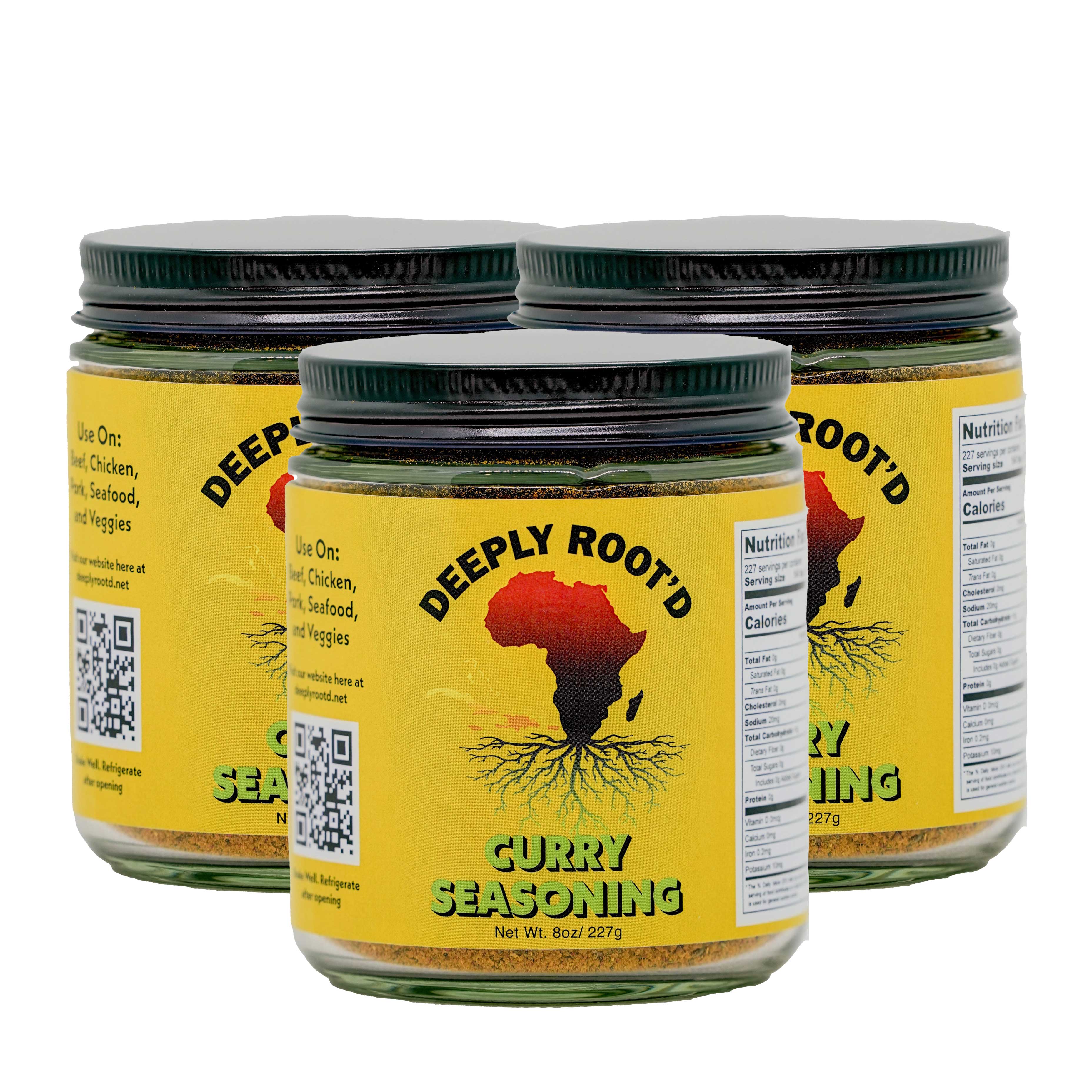 Three jars of Deeply Root'd Curry Seasoning on a white background