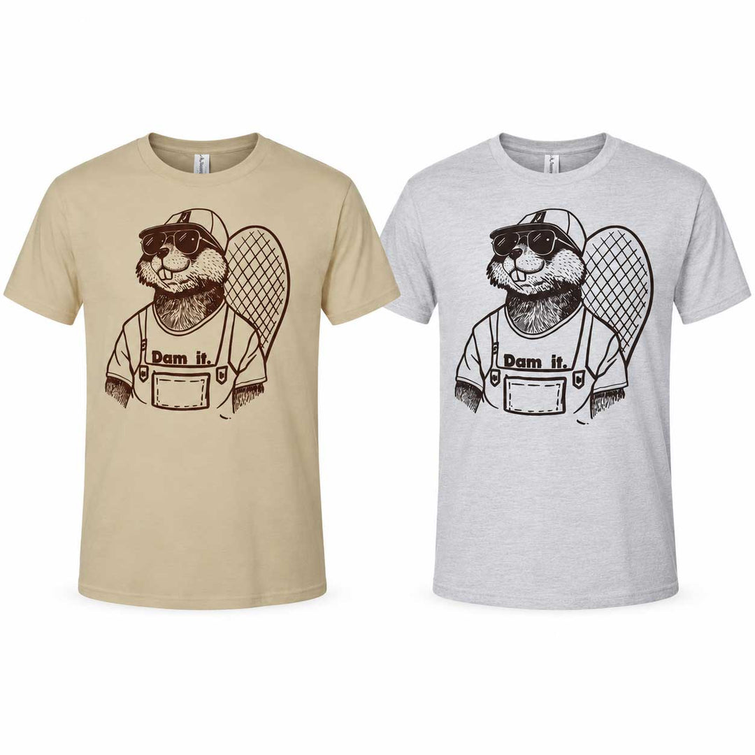 Two short-sleeve crew-neck t-shirts shown side by side on a white background. The left shirt is tan and the right shirt is light heather gray.