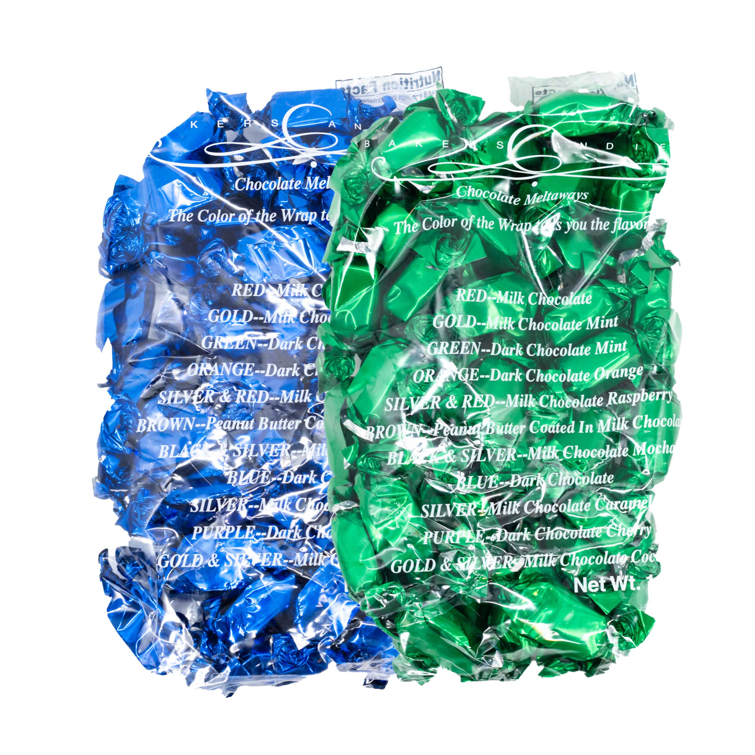 Assorted chocolate bars in blue and green wrappers on a white background