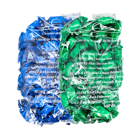 Assorted chocolate bars in blue and green wrappers on a white background