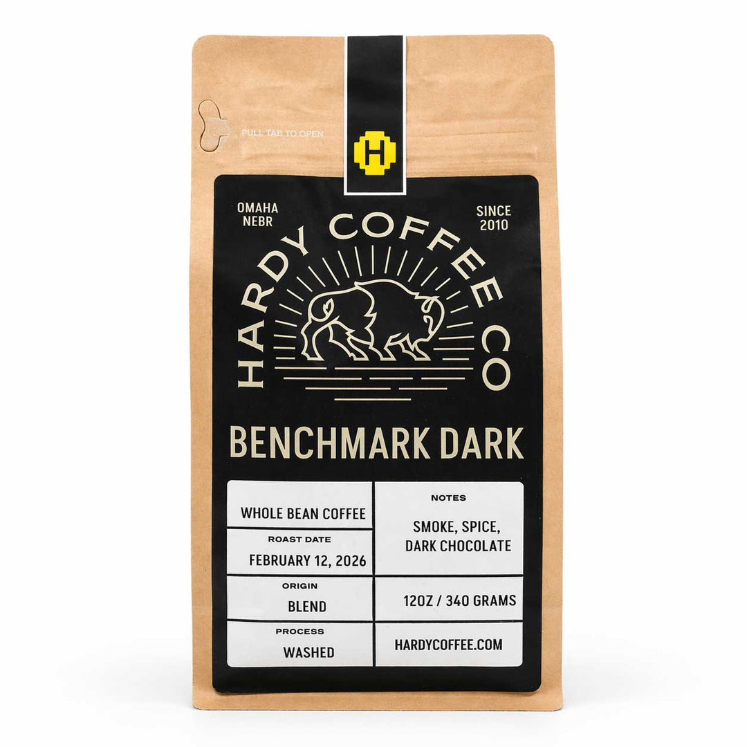 Hardy Coffee Co. Benchmark Dark coffee package on a white background
