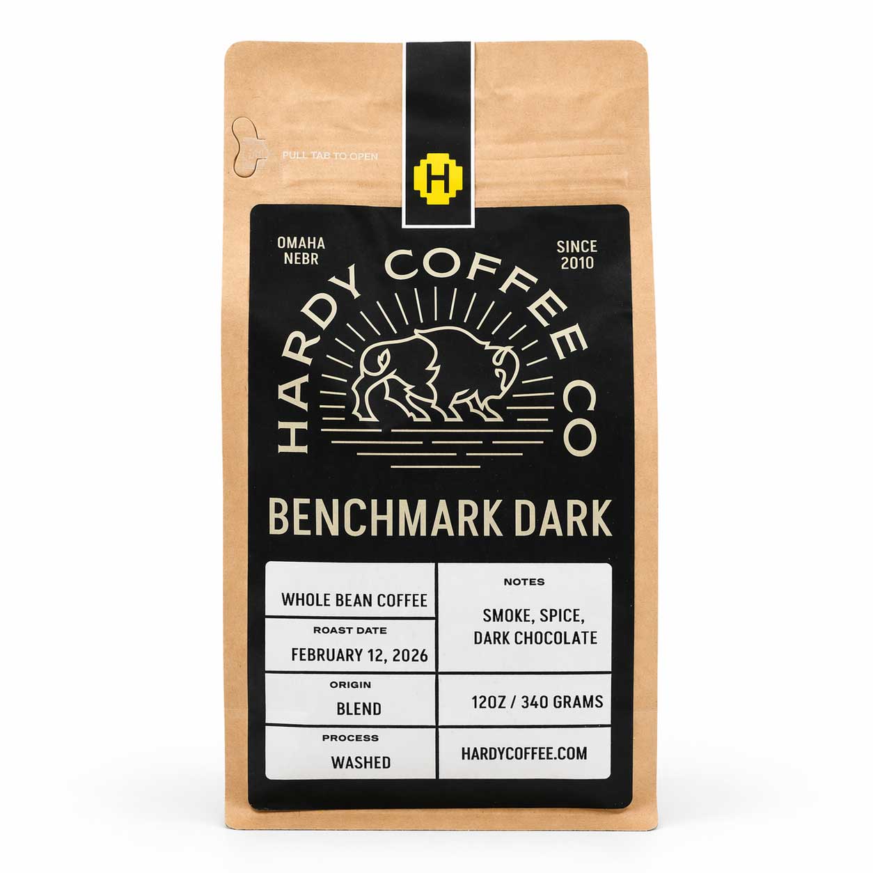 Hardy Coffee Co. Benchmark Dark coffee package on a white background