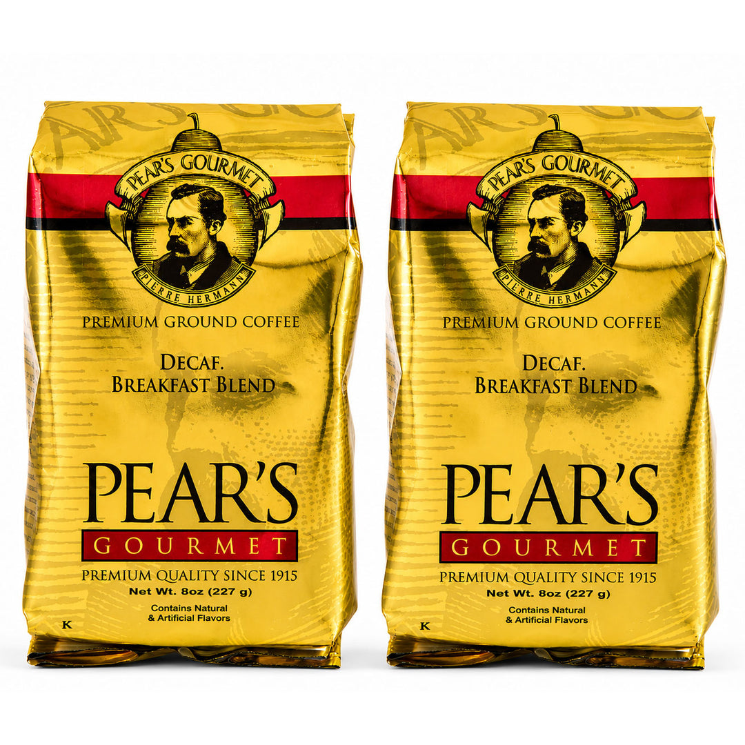 Two packages of Pear's Gourmet Premium Ground Coffee on a white background