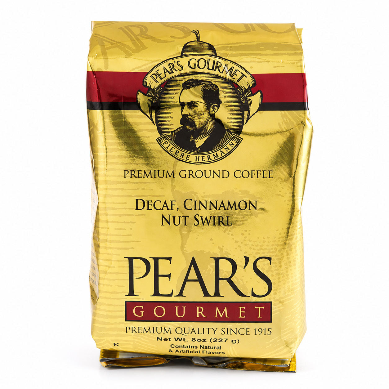 Pear's Gourmet coffee bag with a vintage-style portrait on a white background