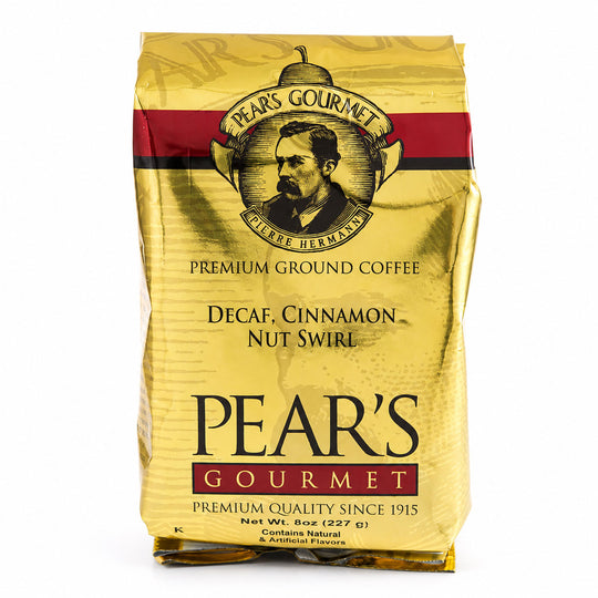 Pear's Gourmet coffee bag with a vintage-style portrait on a white background