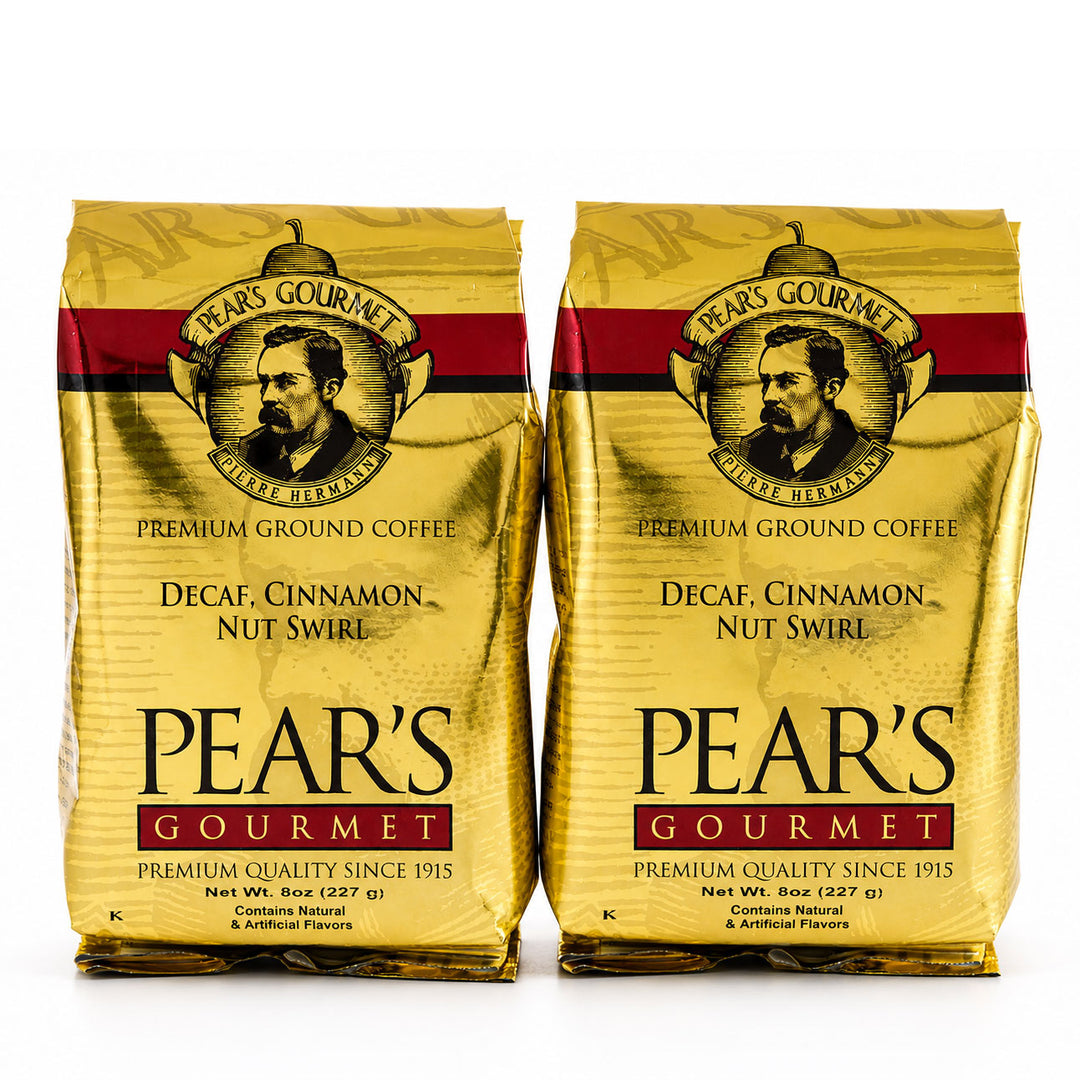 Two packages of Pear's Gourmet Decaf Cinnamon Nut Swirl coffee on a white background