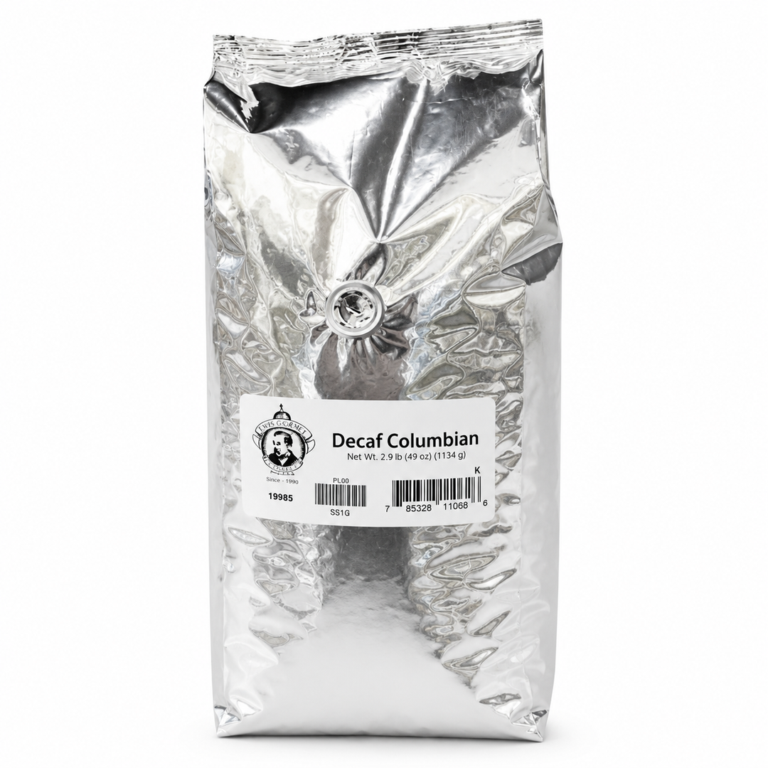 Decaf Colombian coffee package with a white background