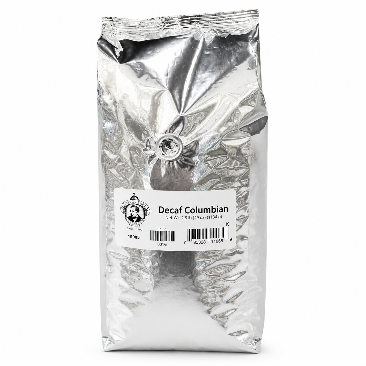 Decaf Colombian coffee package with a white background