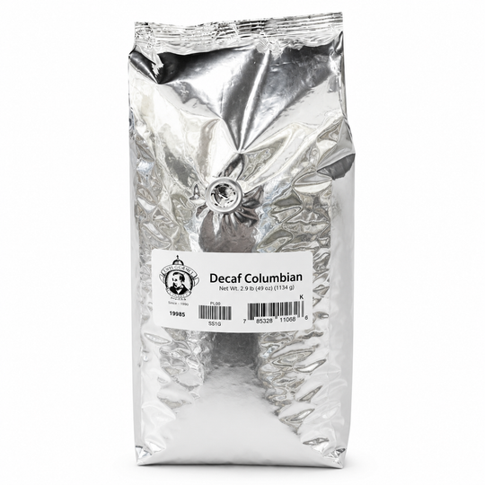 Decaf Colombian coffee package with a white background
