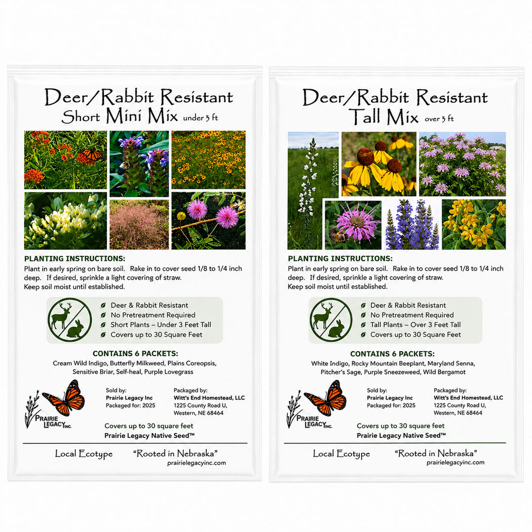 Two seed packets for deer and rabbit resistant plants with images and text.