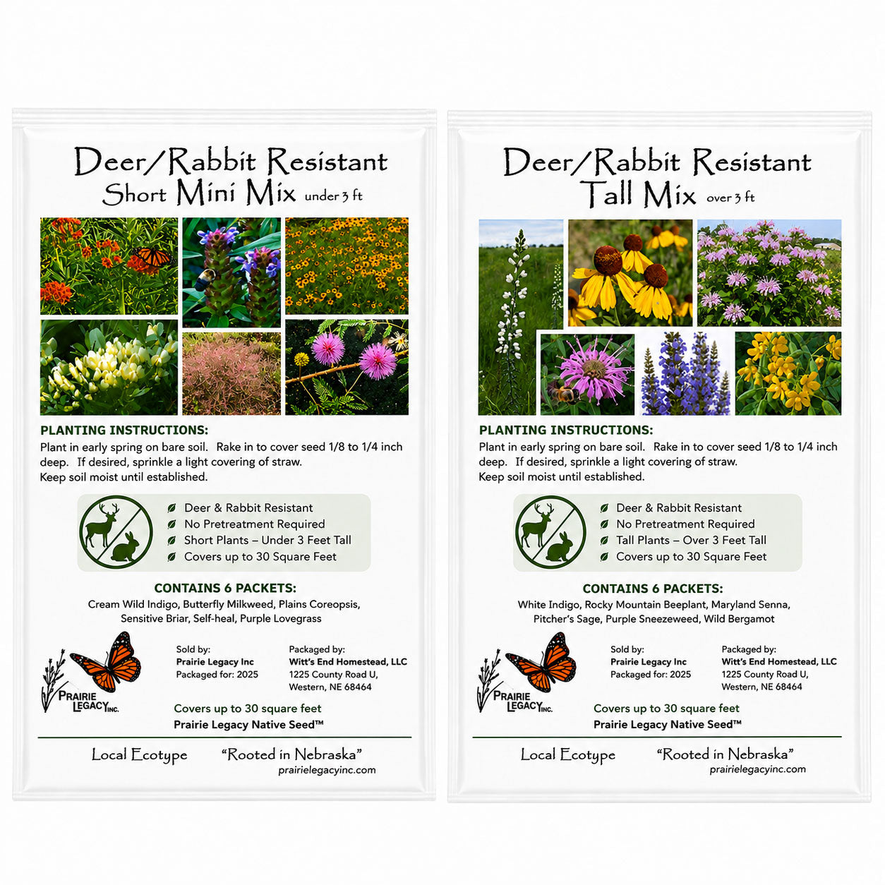 Two seed packets for deer and rabbit resistant plants with images and text.