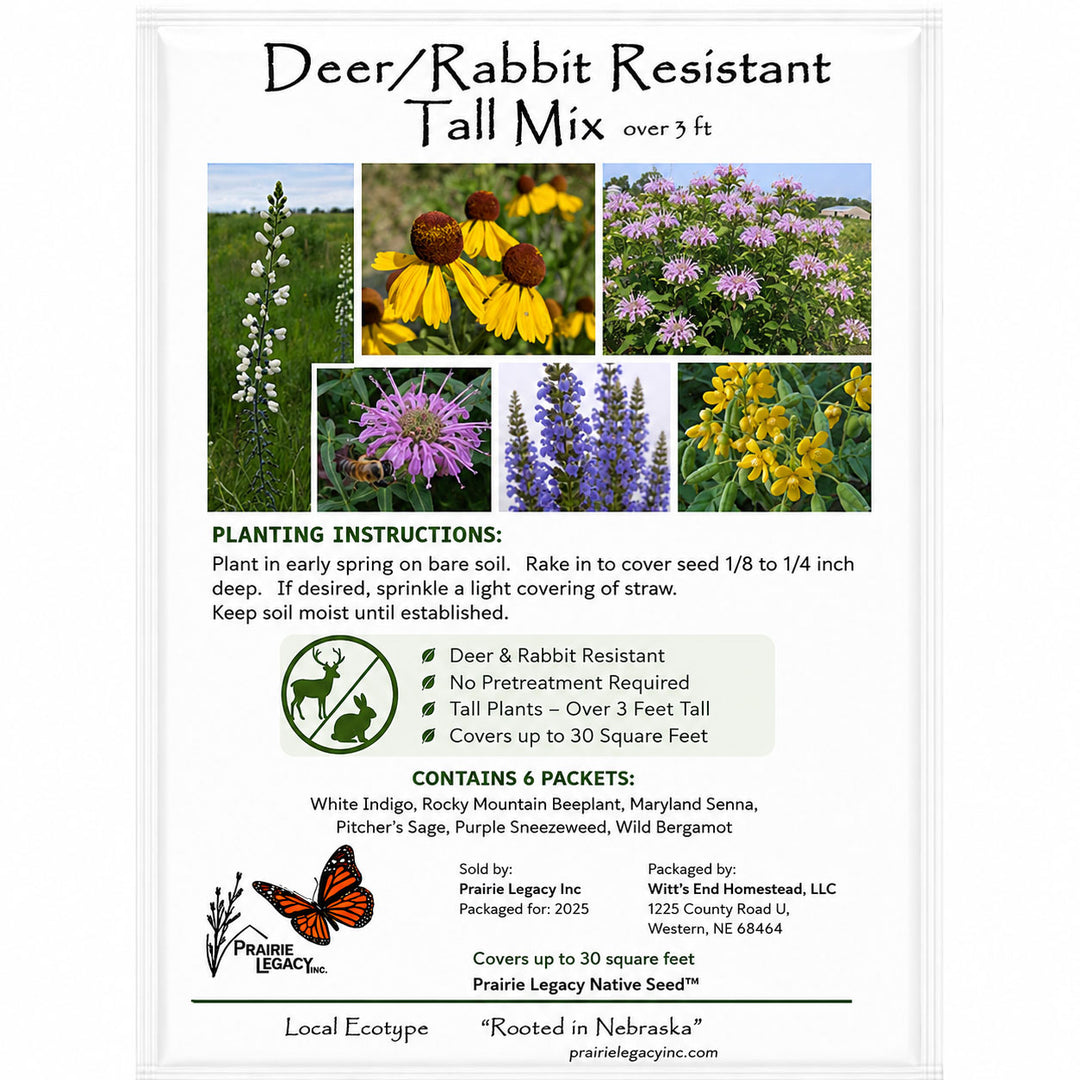 Deer/Rabbit Resistant Tall Mix plant seed packet with images of flowers and planting instructions.