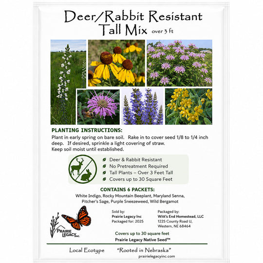 Deer/Rabbit Resistant Tall Mix plant seed packet with images of flowers and planting instructions.