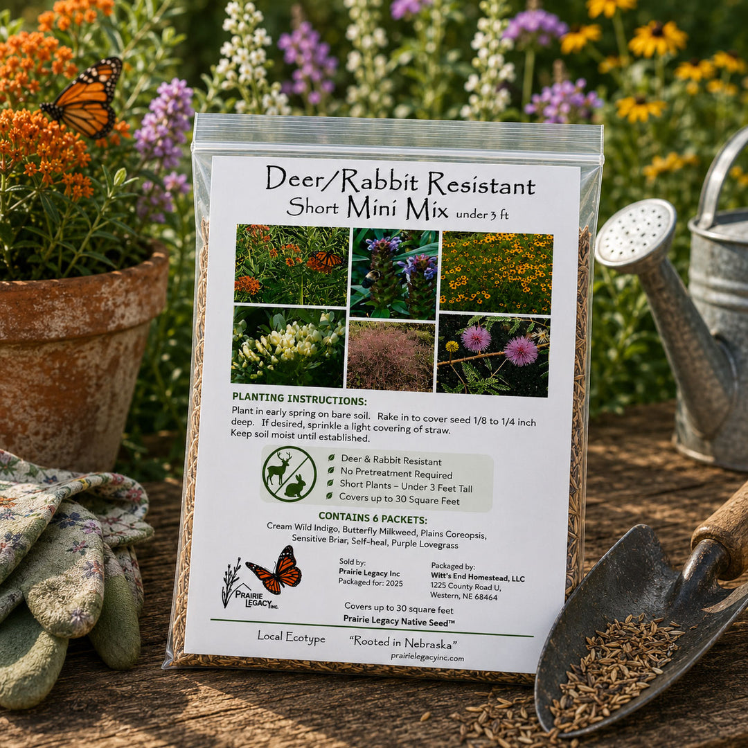 Deer/Rabbit Resistant Short Mini Mix packaging with gardening tools and plants in the background