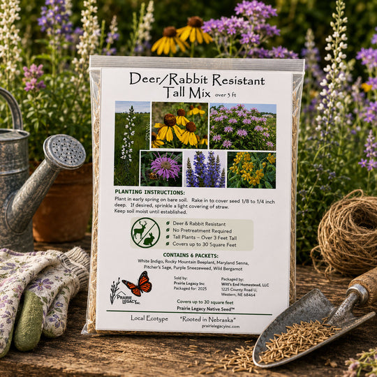 Deer/Rabbit Resistant Tall Mix seed packet with gardening tools and plants in the background