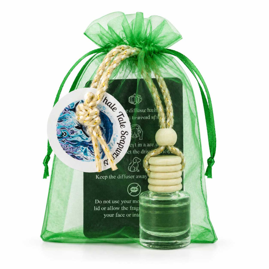 Diffuser necklace with bottle and green organza bag on a white background