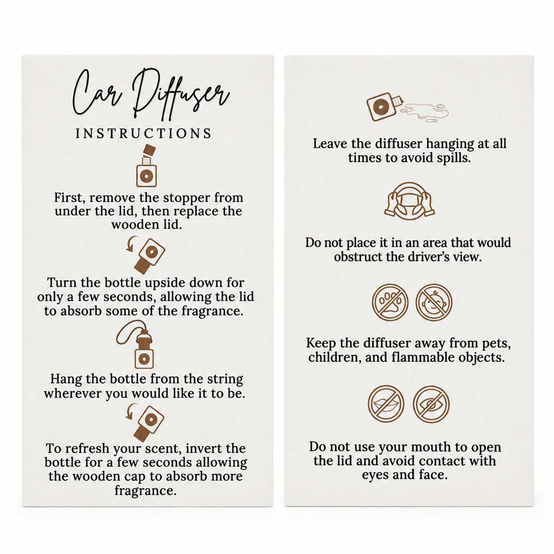 Two vertical instruction cards with black text and small brown icons explaining how to use a car diffuser, shown on a white background.