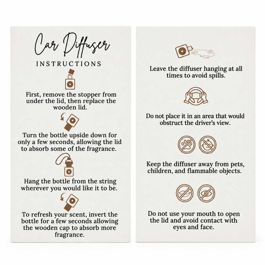 Two vertical instruction cards with black text and small brown icons explaining how to use a car diffuser, shown on a white background.