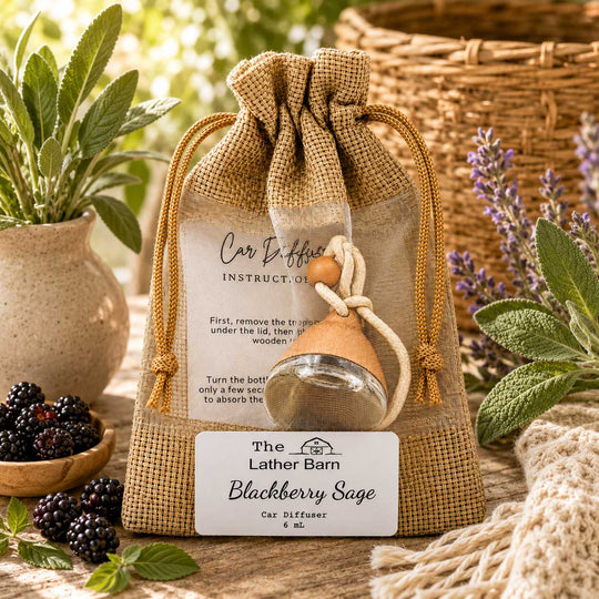 A burlap drawstring pouch containing a small glass car diffuser bottle with a cork stopper and a hanging rubber duck, displayed on a rustic table with blackberries, lavender, and a basket in the background. A front label reads 'The Lather Barn Blackberry Sage Car Diffuser & Sc.