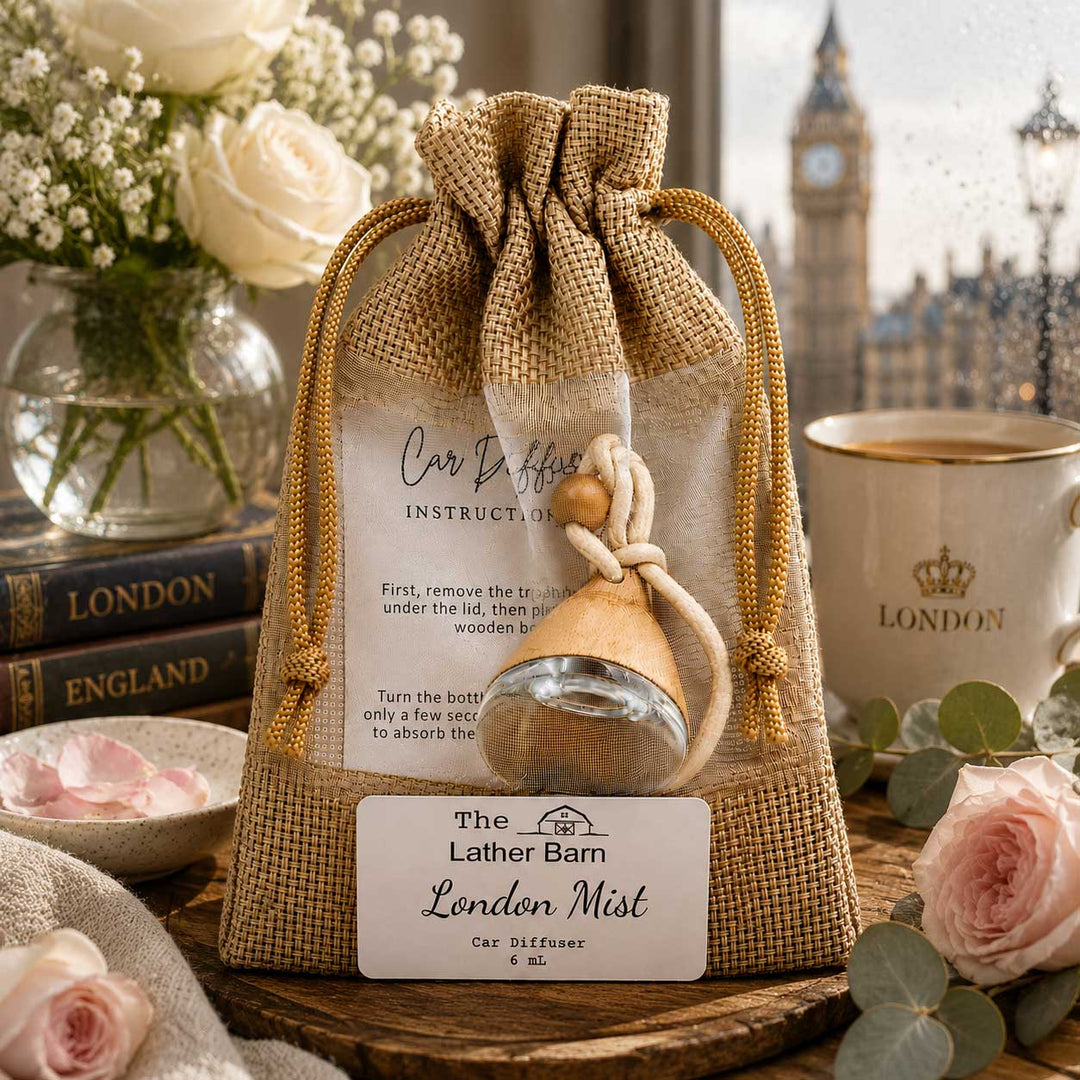 A burlap drawstring gift bag containing a small glass car diffuser bottle and printed instruction card, styled on a wooden surface with flowers, books, a mug, and a blurred London skyline in the background.