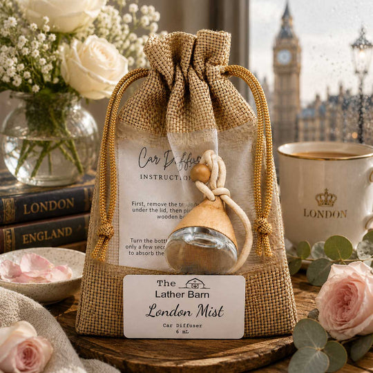 A burlap drawstring gift bag containing a small glass car diffuser bottle and printed instruction card, styled on a wooden surface with flowers, books, a mug, and a blurred London skyline in the background.