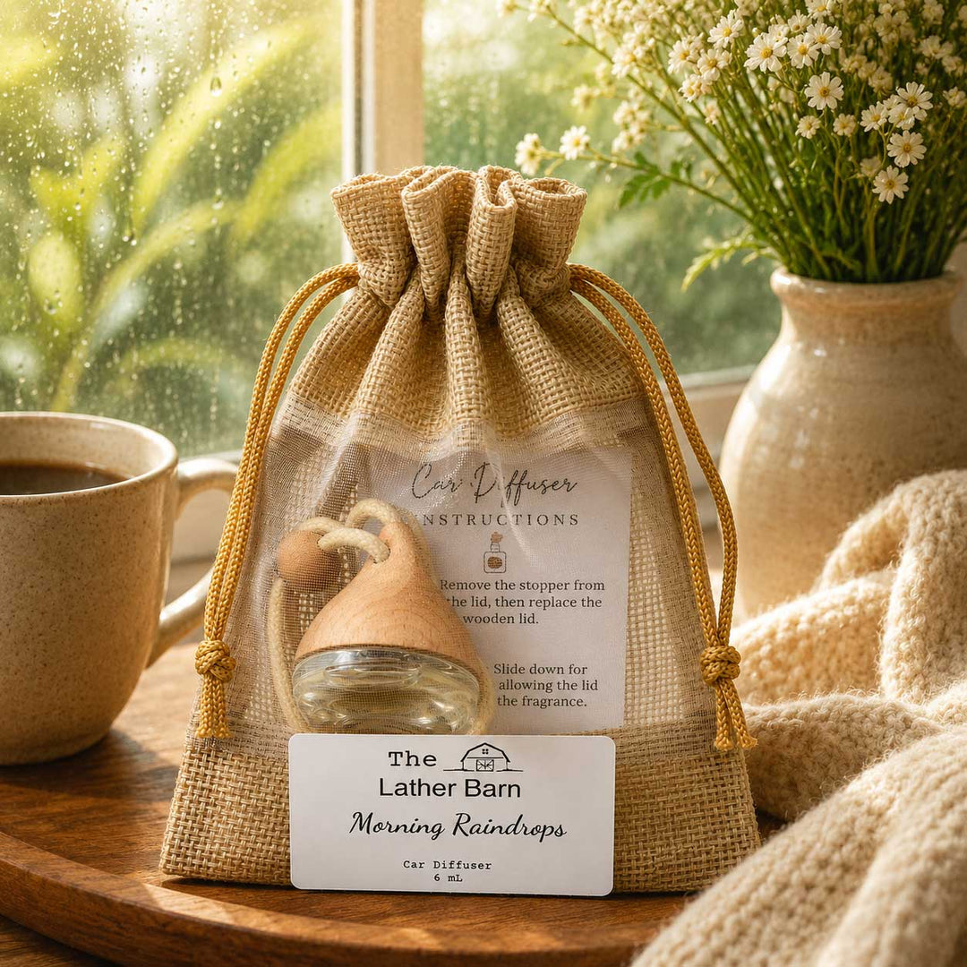 A car diffuser gift set from The Lather Barn, including a Morning Raindrops car diffuser and its burlap drawstring pouch packaging, styled on a wooden tray with a coffee cup and flowers in the background.