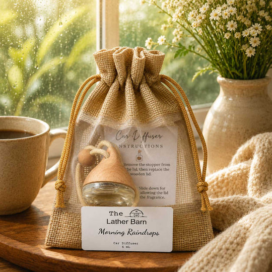 A car diffuser gift set from The Lather Barn, including a Morning Raindrops car diffuser and its burlap drawstring pouch packaging, styled on a wooden tray with a coffee cup and flowers in the background.