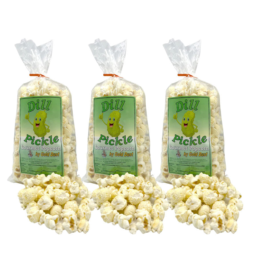 Three bags of Dill Pickle popcorn with visible popcorn on a white background