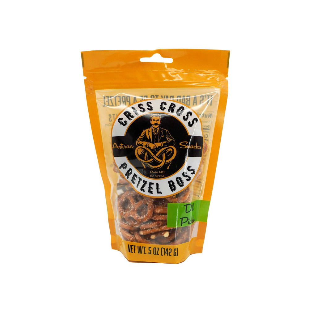 Packaged pretzels with 'Criss Cross Pretzel Boss' branding on a white background