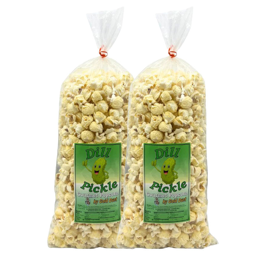 Two bags of Dill Pickle Gourmet Popcorn with green labels on a white background