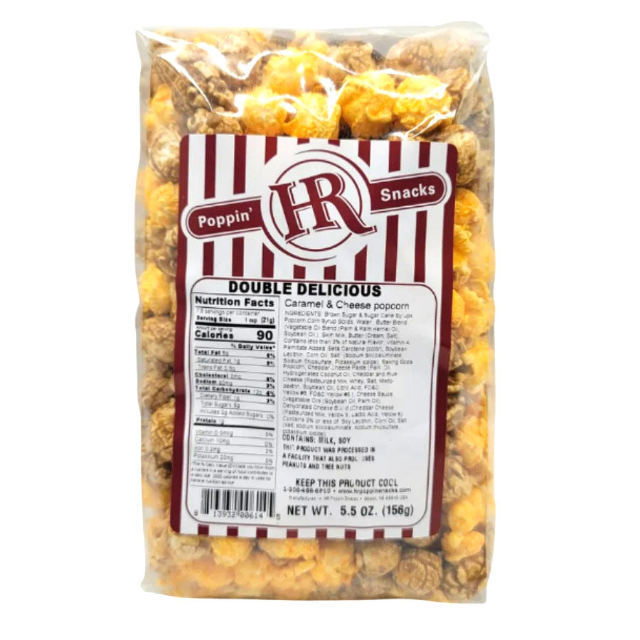 Bag of HR Poppin' Snacks Caramel & Cheese Popcorn with label on a white background
