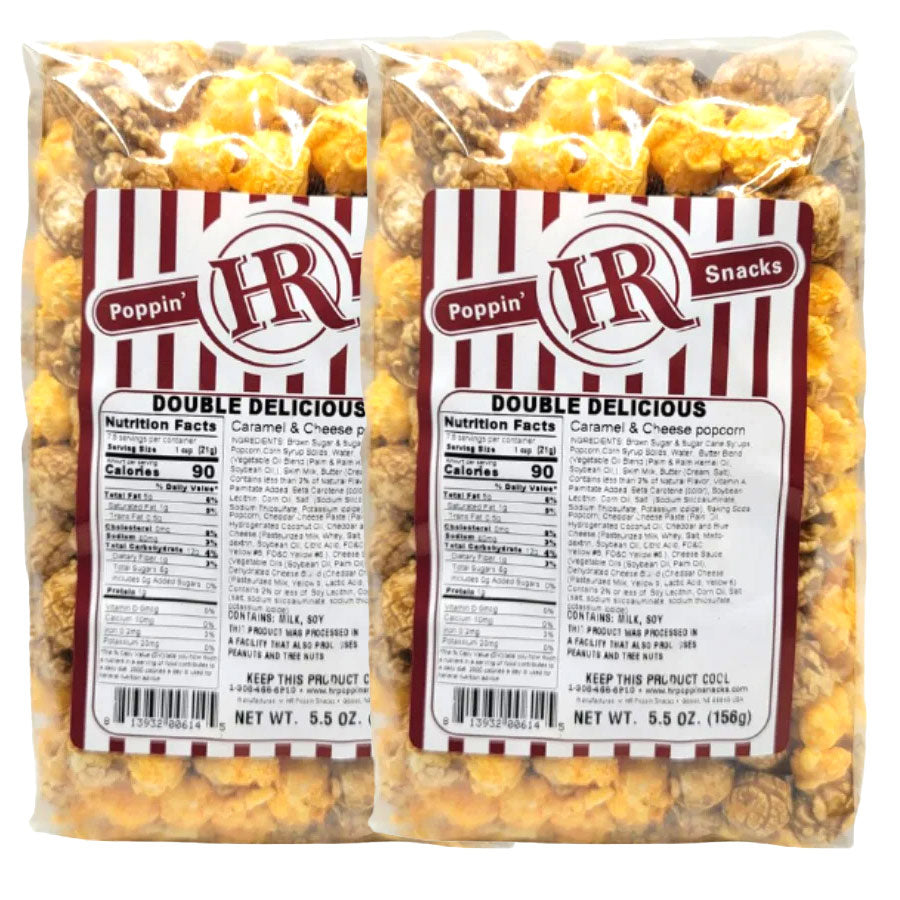 Two packages of HR Poppin' Snacks Double Delicious popcorn with labels.