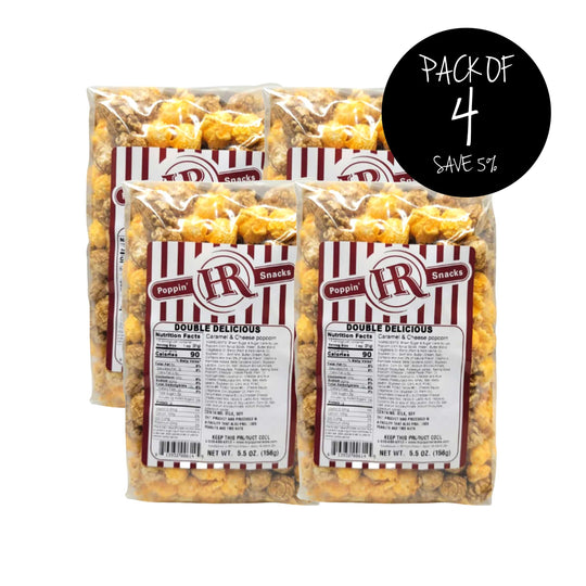 Double Delicious Popcorn | Pack of 4 | 5.5 oz. | Caramel & Cheese Popcorn Mix | Sweet & Savory Snack | Made in Gibbon, NE | HR Poppin' Snacks