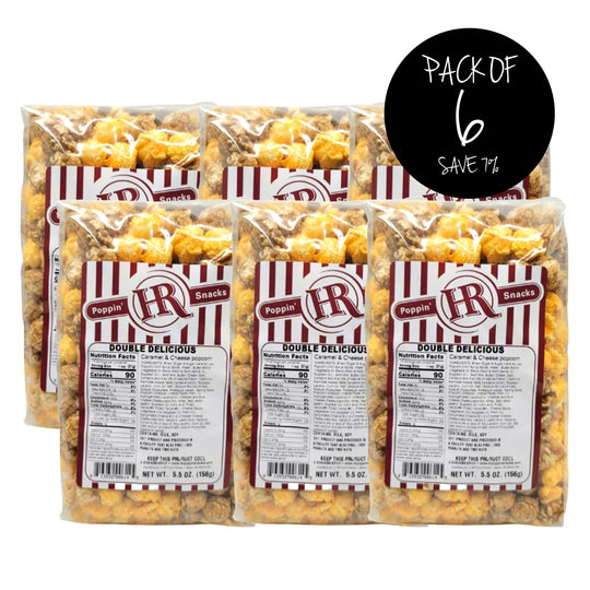 Double Delicious Popcorn | Pack of 6 | 5.5 oz. | Caramel & Cheese Popcorn Mix | Sweet & Savory Snack | Made in Gibbon, NE | HR Poppin' Snacks