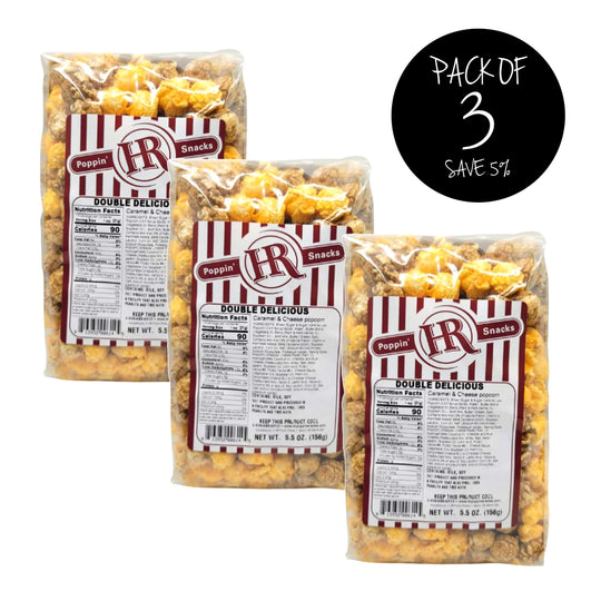 Double Delicious Popcorn | Pack of 3 | 5.5 oz. | Caramel & Cheese Popcorn Mix | Sweet & Savory Snack | Made in Gibbon, NE | HR Poppin' Snacks