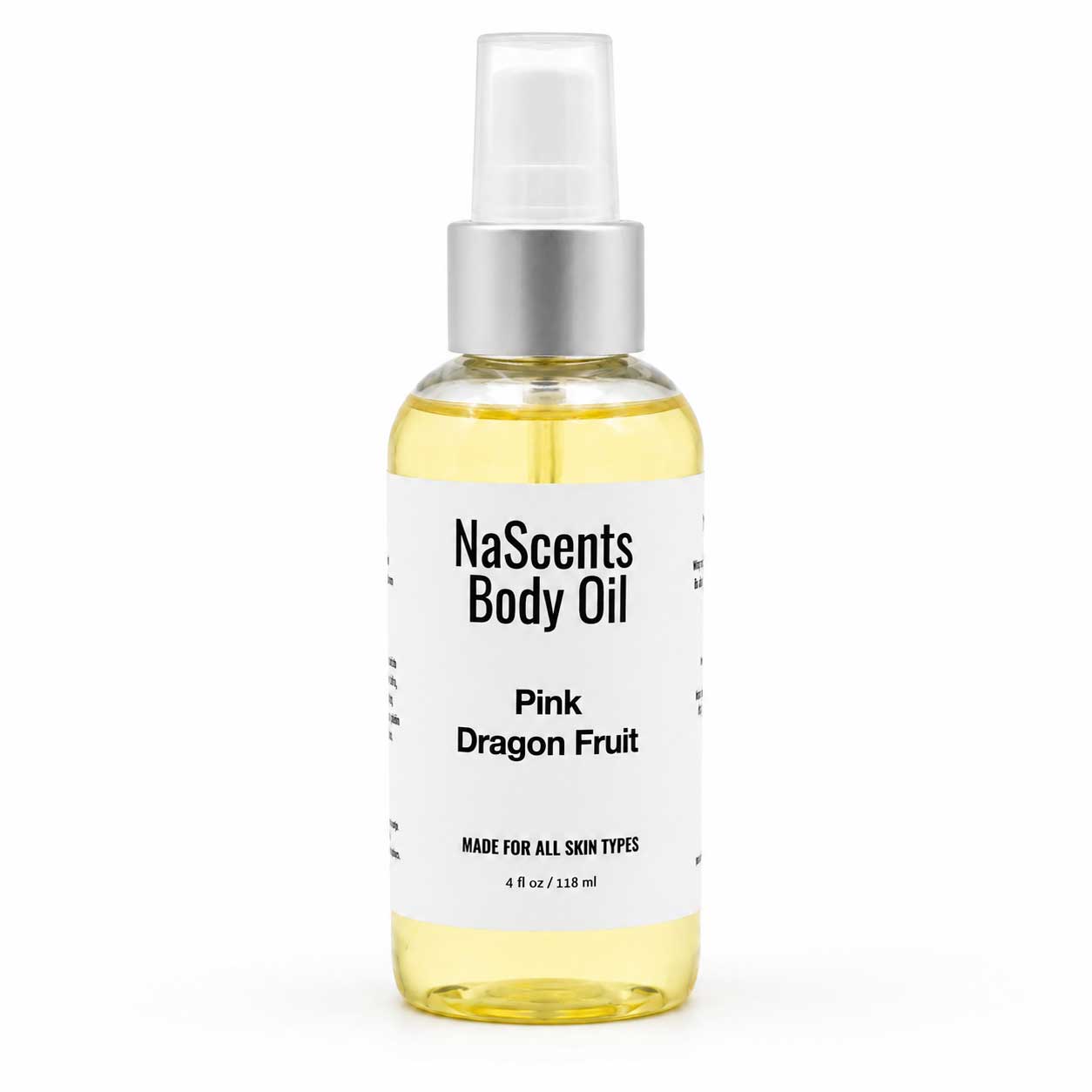 A bottle of NaScents Body Oil in the Pink Dragon Fruit scent, featuring a clear glass bottle filled with pale yellow oil, a white label with black text, and a silver spray nozzle on a white background.