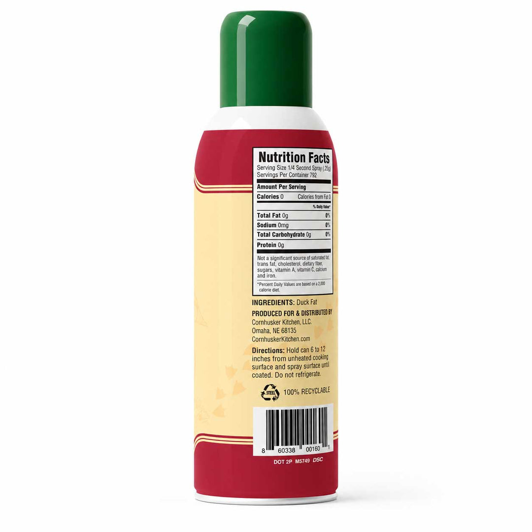 Back view of a 12 oz spray can of Cornhusker Kitchen Non-Fat Cooking Spray, showing the nutrition facts label, ingredients, and barcode against a white background.