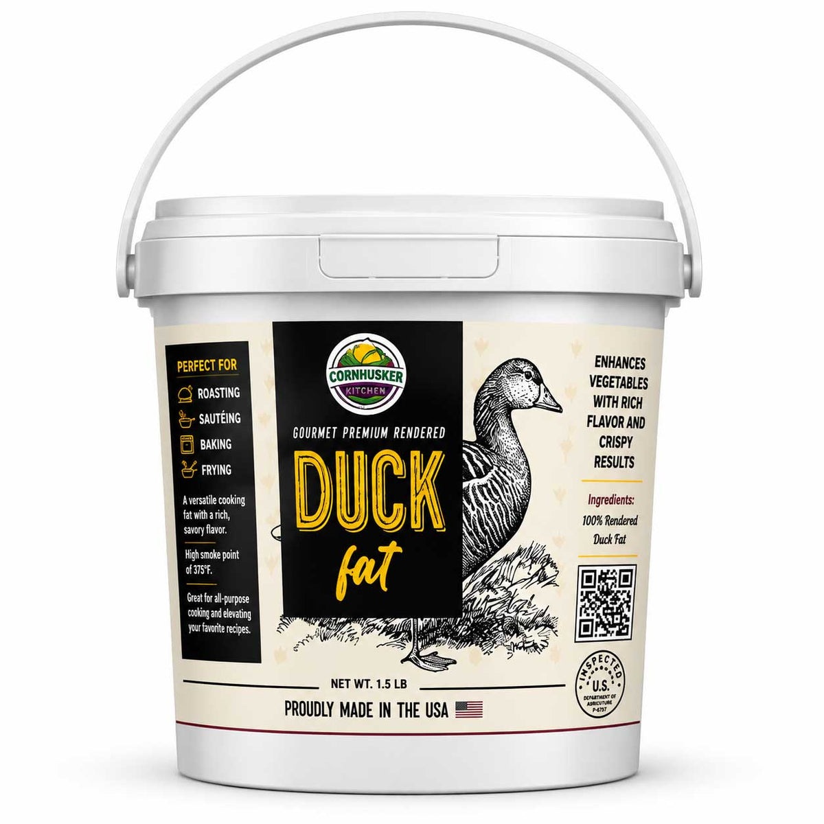 A 15 lb bucket of Commihawk Premium Rendered Duck Fat on a clean white background. The white plastic tub features a detailed label with a black and beige design, showing a detailed illustration of a duck, yellow text, and product details.