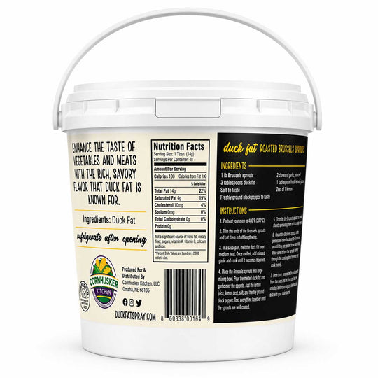 Back view of a white plastic bucket of Duck Fat Roasted Duck Fat seasoning, showing the label with ingredients, nutrition facts, and instructions.