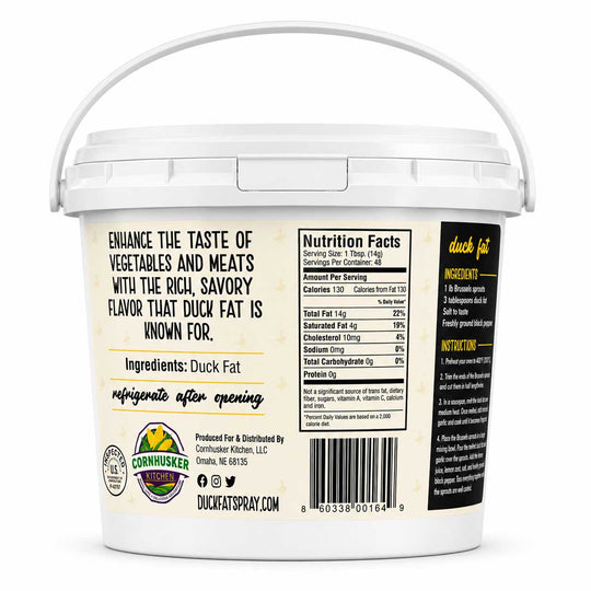 Back view of a white plastic bucket of Duck Fat with a white lid, showing the label details, including nutrition facts, ingredients, and Cornhusker branding.