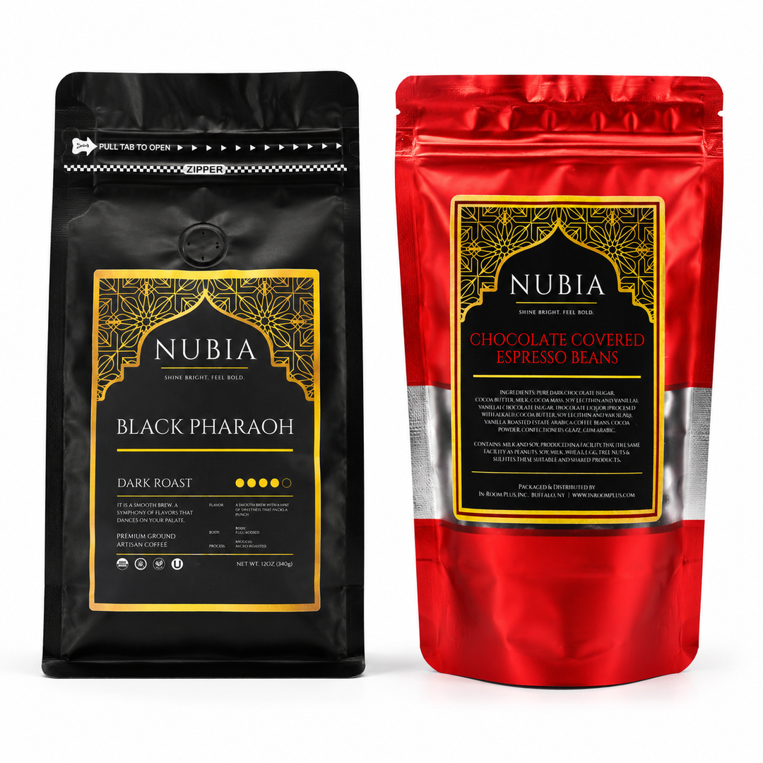 Nubia coffee and chocolate covered espresso beans on white background.
