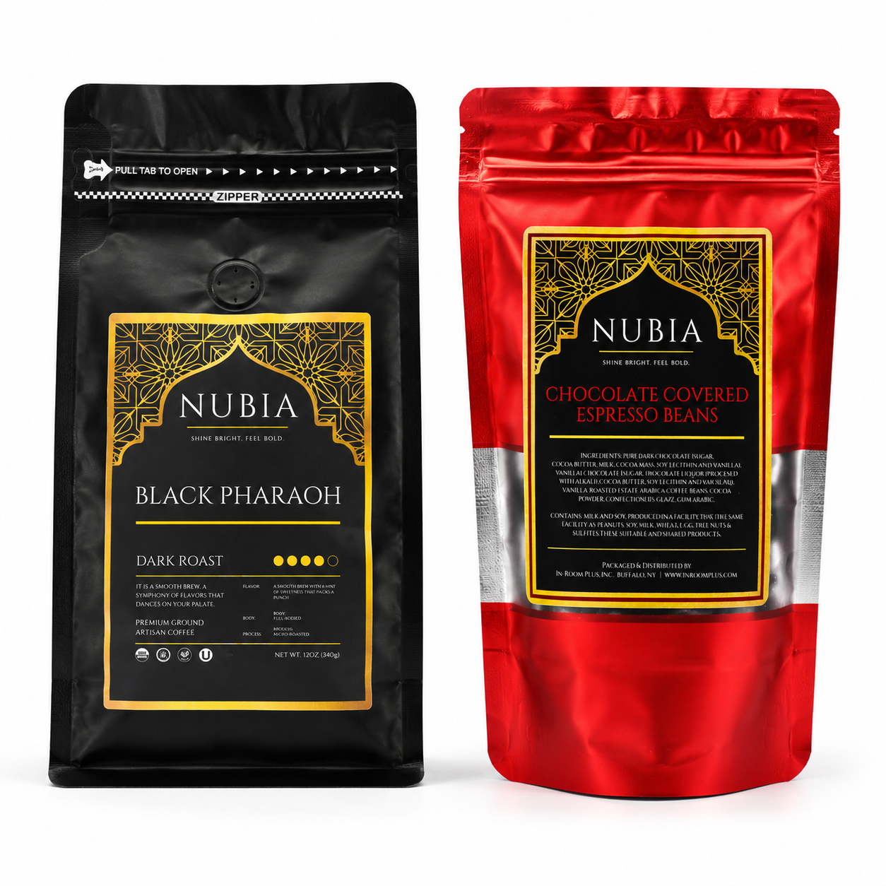 Nubia coffee and chocolate covered espresso beans on white background.