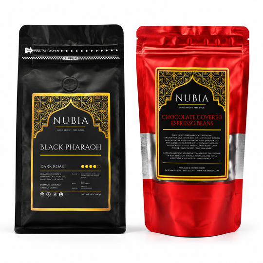 Nubia coffee and chocolate covered espresso beans on white background.