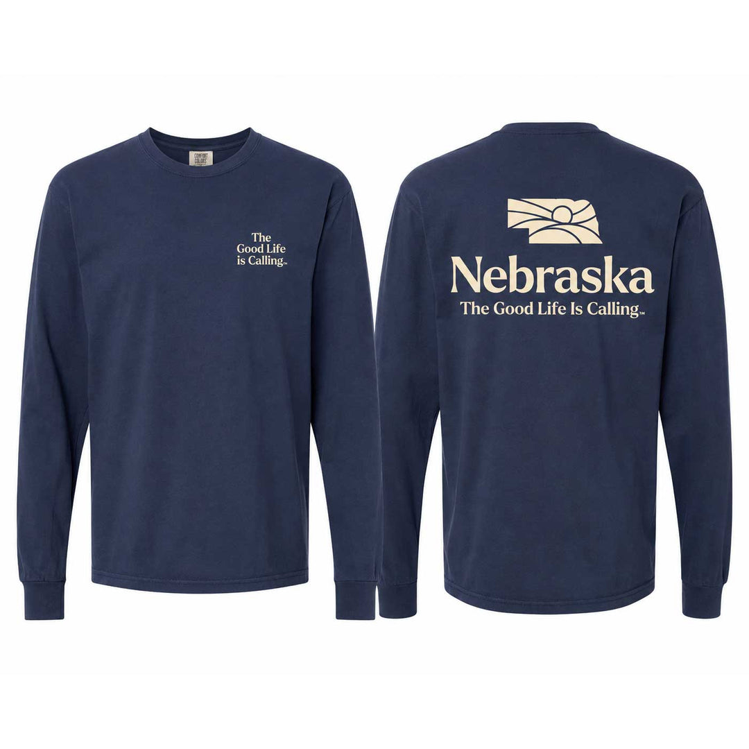 Front and back views of a navy blue long-sleeve t-shirt. The front features a small cream-colored text graphic on the left chest reading 'The Good Life is Calling.