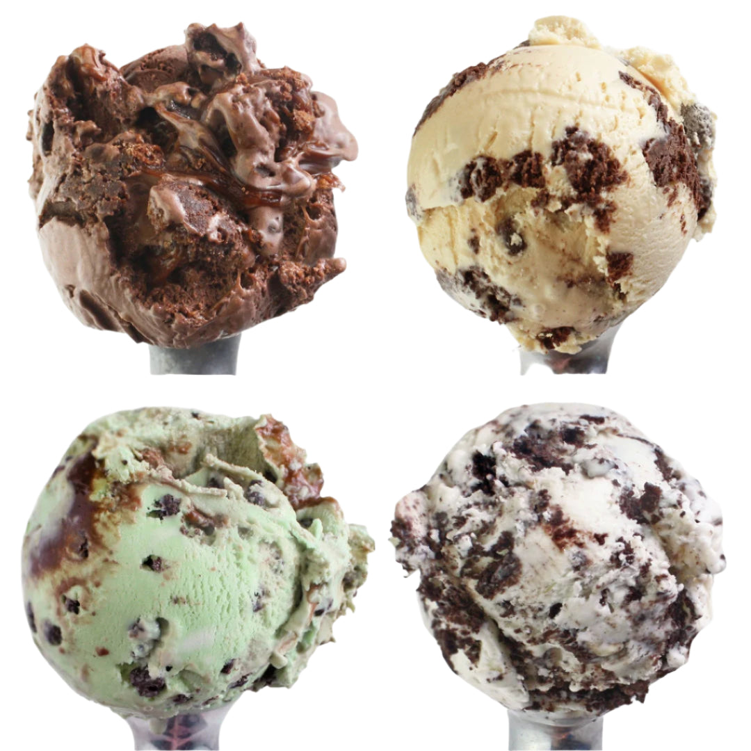 Four scoops of ice cream on sticks with different flavors.