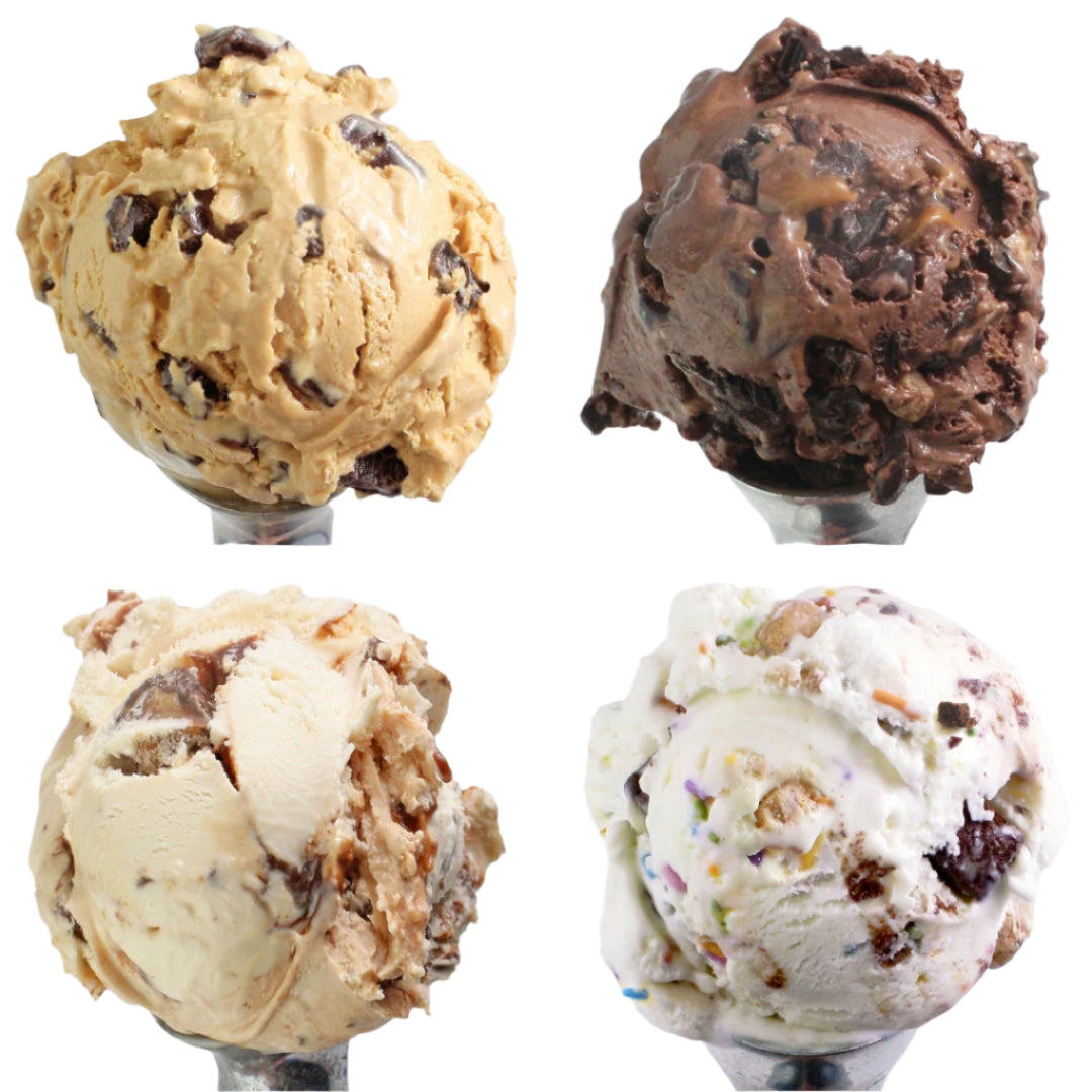 Four scoops of different ice cream flavors on a white background