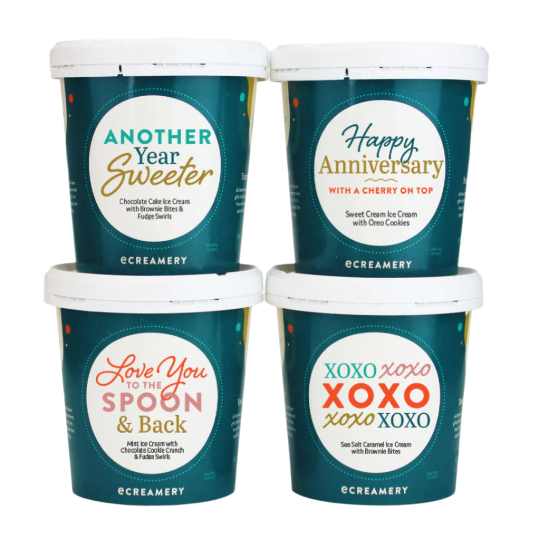 Four containers of ice cream from eCreamery with various messages on their labels.