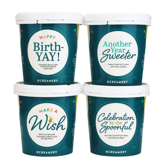 Four containers of ice cream with decorative labels on a white background